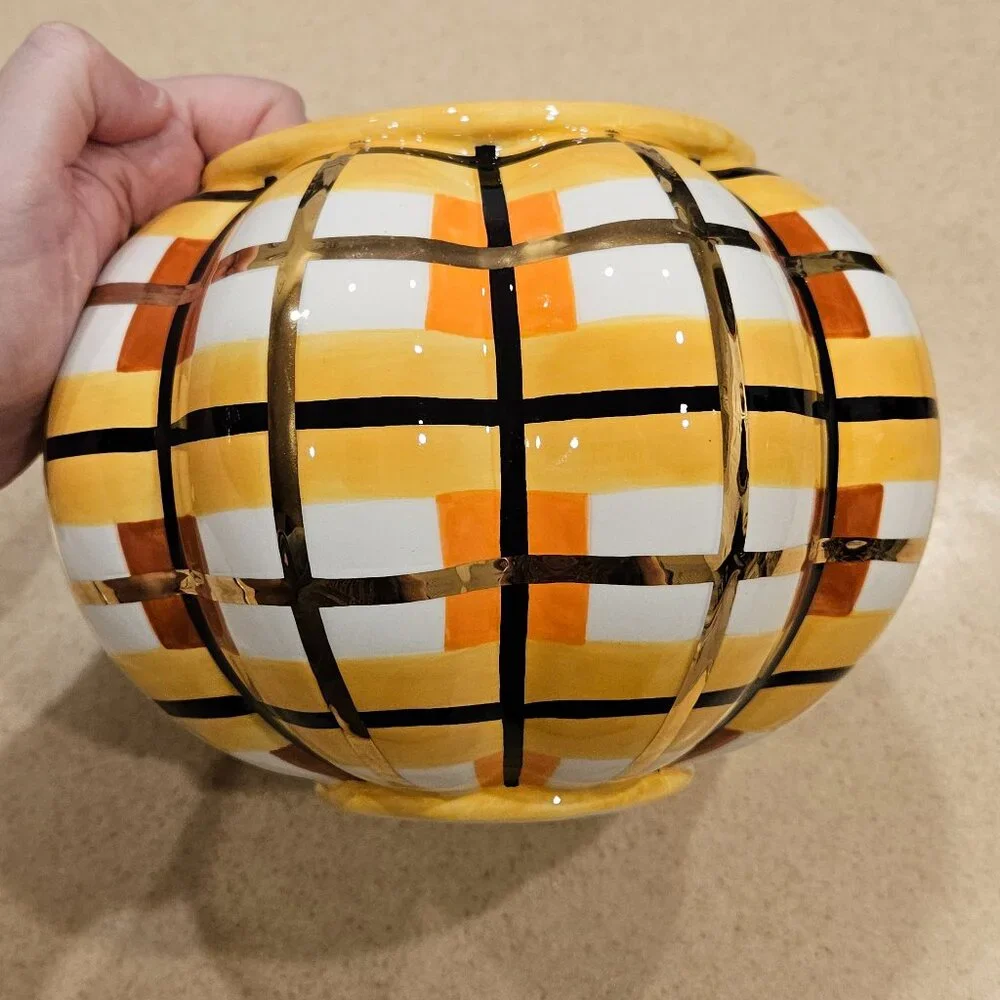 RARE MACKENZIE CHILDS CERAMIC TARTAN SPICE PLAID HALLOWEEN PUMPKIN THANKSGIVING